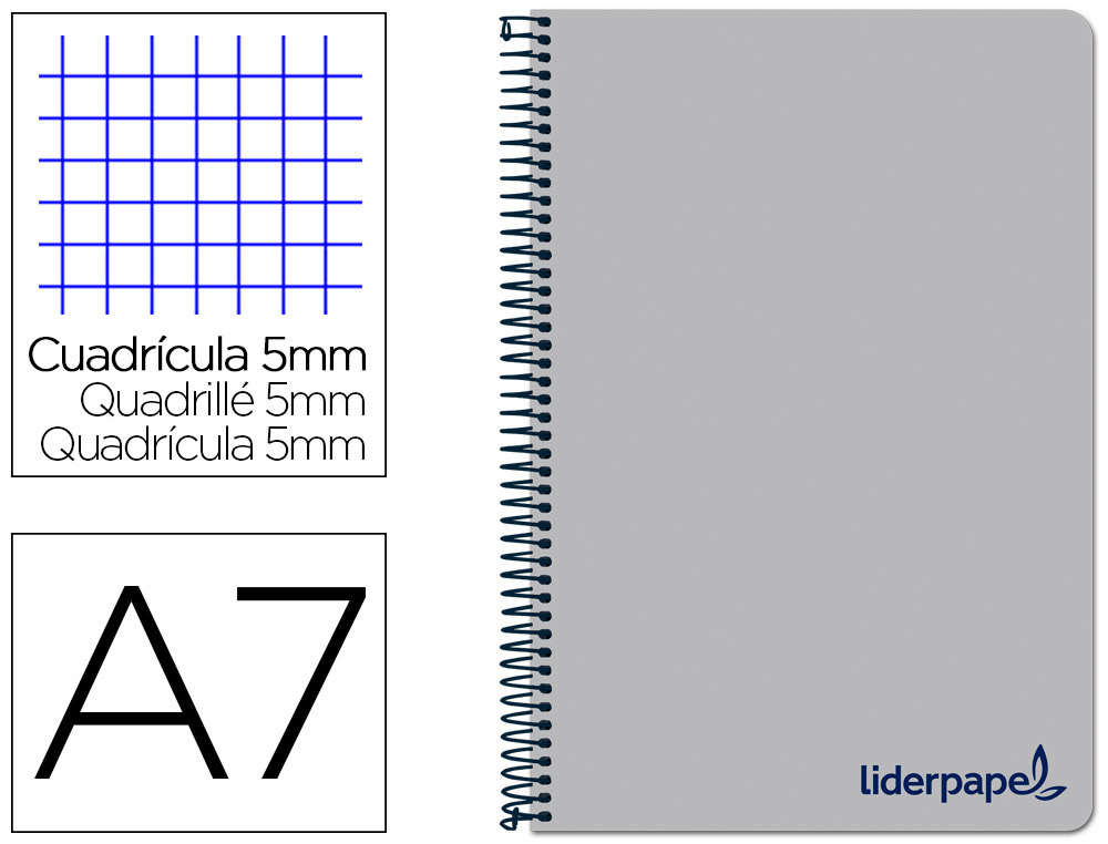 CADERNO ESPIRAL LIDERPAPEL WONDER MICRO DIN A7 CAPA PLASTICO 100 F 90 GR QUADRICULA 5MM 4 BANDAS DE CORES COR CINZA