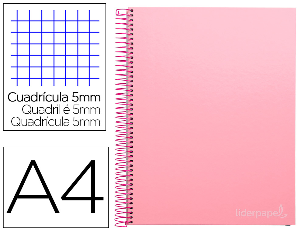 CADERNO ESPIRAL LIDERPAPEL DIN A4 JOLLY CAPA FORRADA 140 F 75 GR QUADRICULA 5MM 5 BANDAS DE CORES 4 FUROS COR ROSA