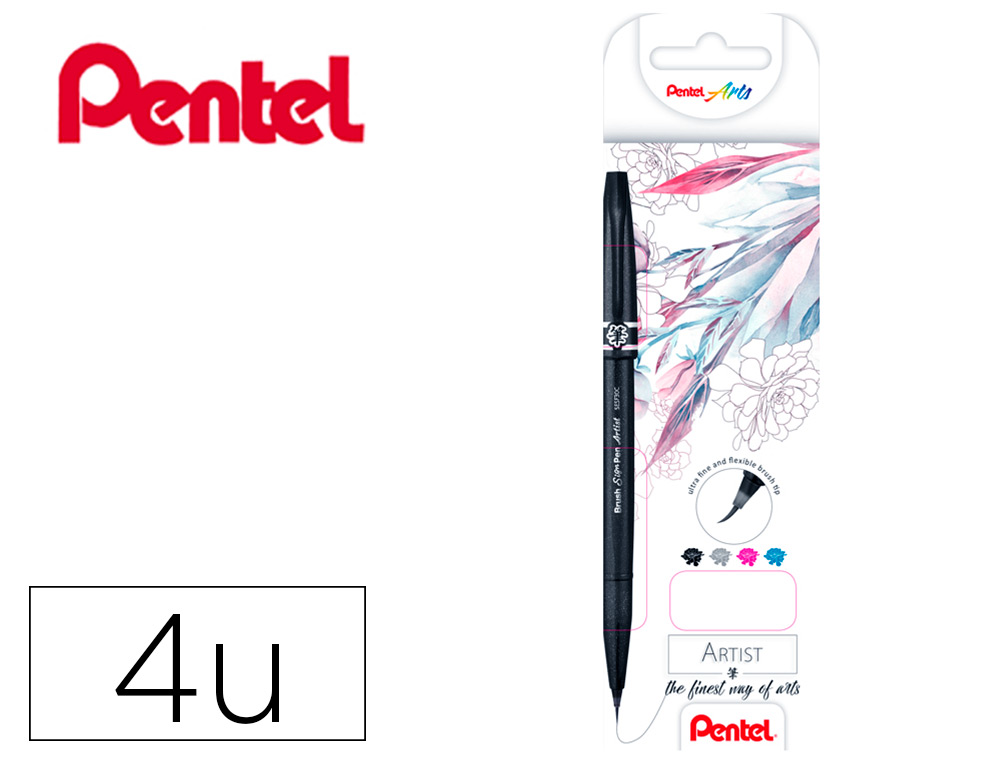 CANETA PINCEL PENTEL ARTIST EM BLISTER DE 4 CORES PRETO CINZA, AZUL CEU E ROSA