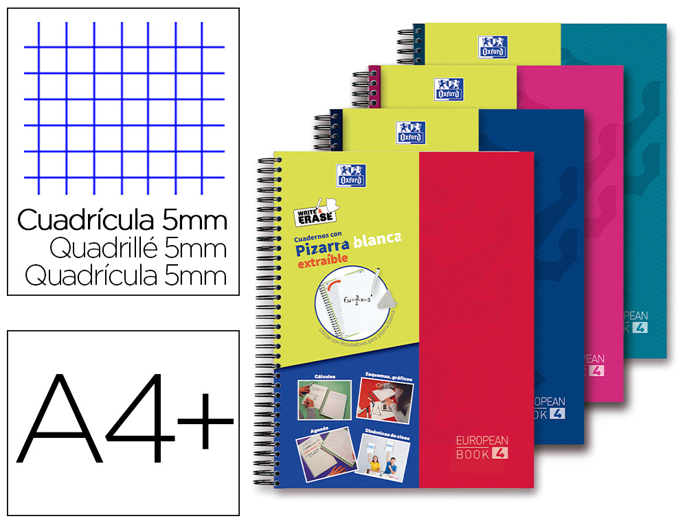 CADERNO ESPIRAL OXFORD EUROPEANBOOK 5 WRITE&ERASE SCHOOL CLASSIC DIN A4+ 120 FOLHAS QUADRICULA 5 MM COM MARGEM