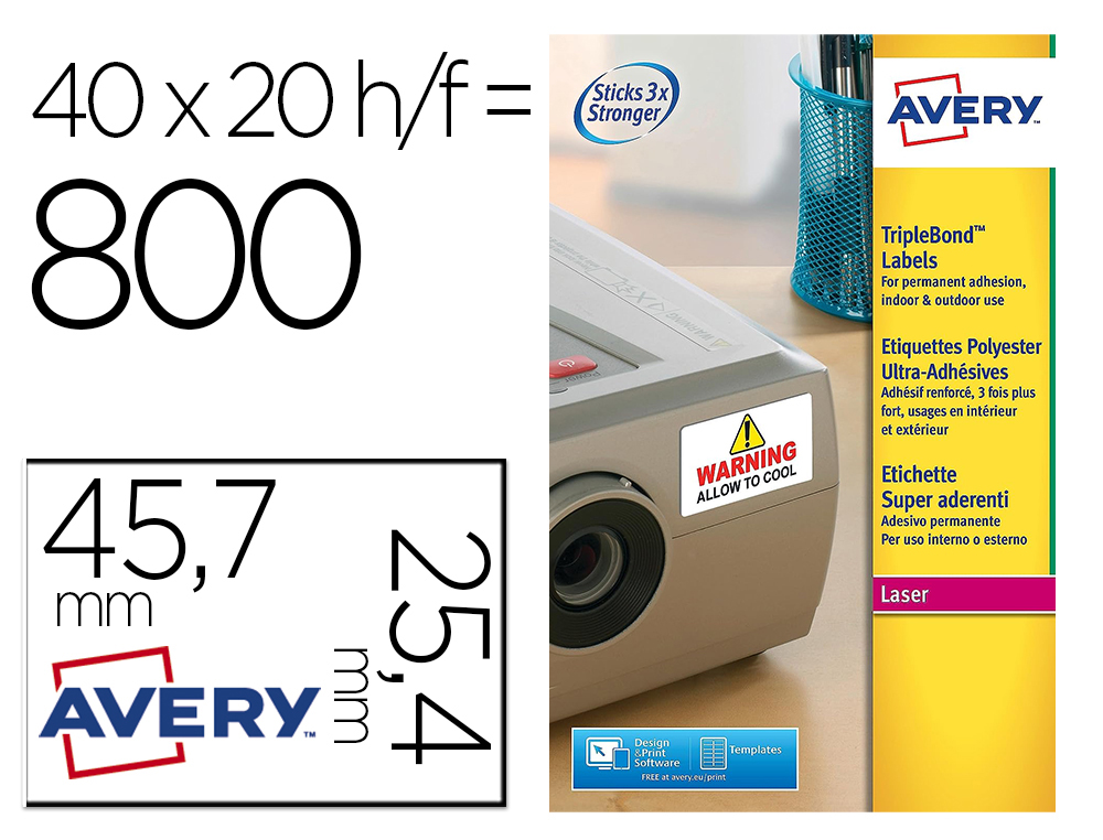 ETIQUETA ADESIVA AVERY POLIESTER SUPER ADERENTE BRANCA 45,7X25,4 MM IMPRESSORA LASER PACK DE 800 UNIDADES