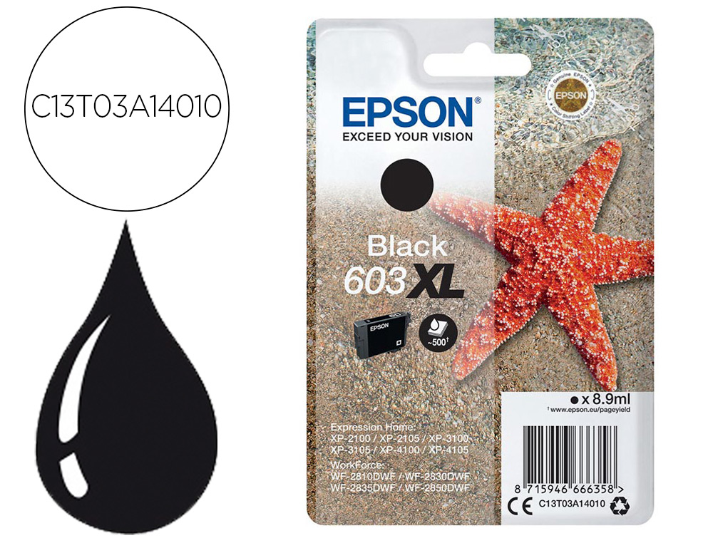TINTEIRO EPSON 603XL XP-2100 / 2105 / 3100 / 4100 / WF-2810 / 2830 / 2835 / 2850 PRETO 500 PAGINAS