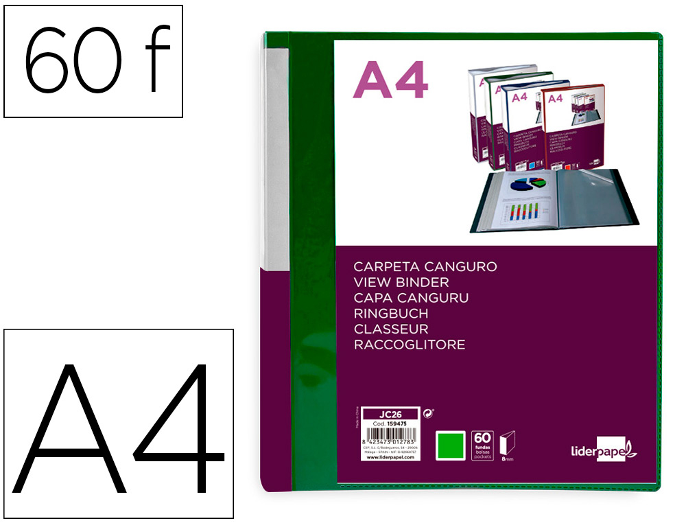 PASTA CANGURU LIDERPAPEL 60 BOLSAS POLIPROPILENO DIN A4 VERDE TRANSLUCIDO CAPA E LOMBADA PERSONALIZAVEL