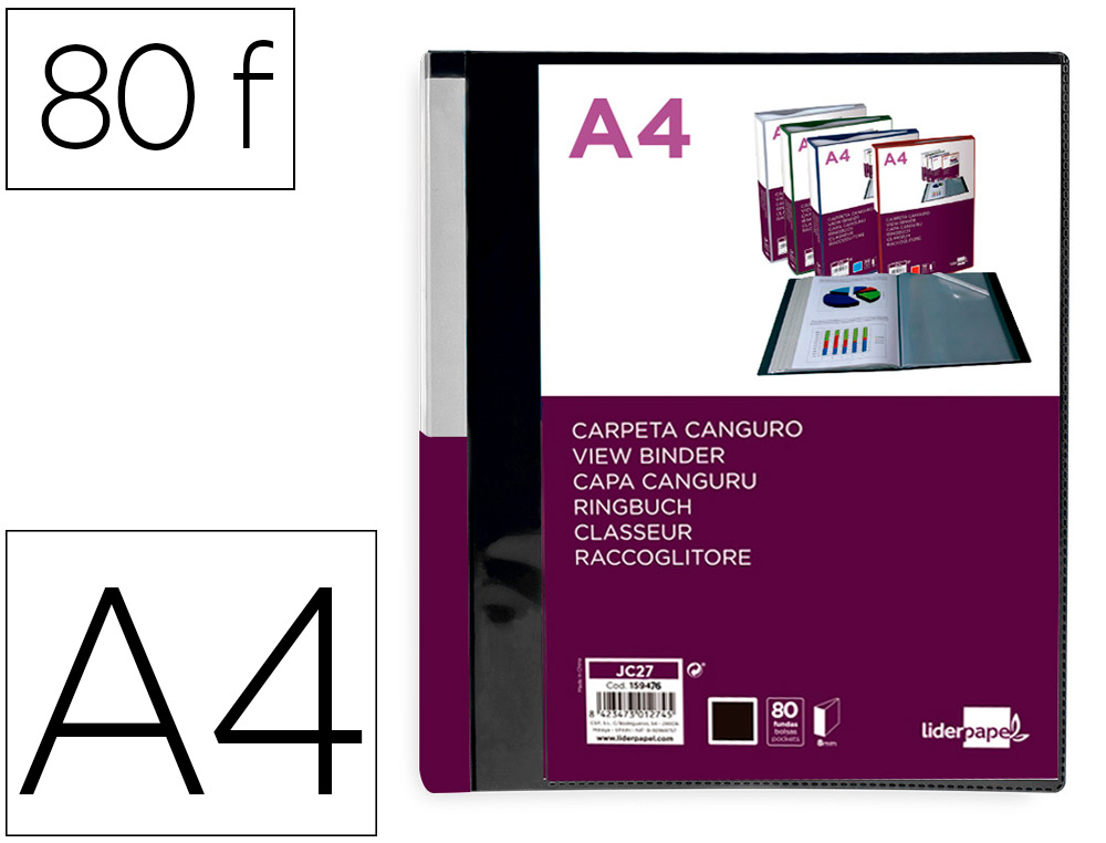 PASTA CANGURU LIDERPAPEL 80 BOLSAS POLIPROPILENO DIN A4 PRETO OPACO CAPA E LOMBADA PERSONALIZAVEL