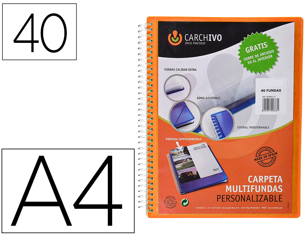 CAPA CATALOGO CARCHIVO ARCHIVEX POLIPROPILENO CANGURO COM ESPIRAL 40 BOLSAS FECHO ELASTICO DIN A4 LARANJA