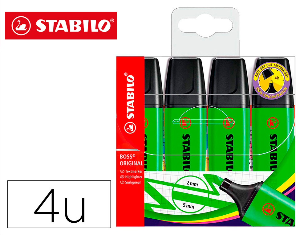 MARCADOR FLUORESCENTE STABILO BOSS 70 VERDE ESTOJO DE 4 UNIDADES