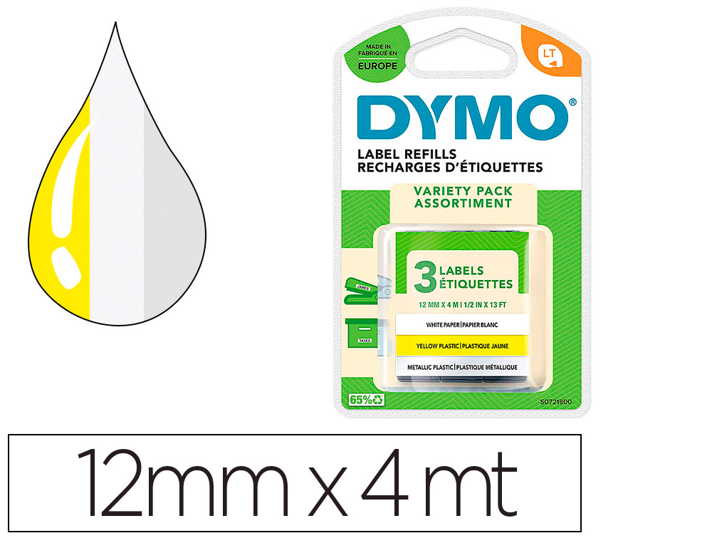 FITA DYMO METALIZADA LETRATAG 12MM X 4MT PAPEL BRANCO/PLASTICO AMARELO/METALIZADA PACK DE 3 UNIDADES