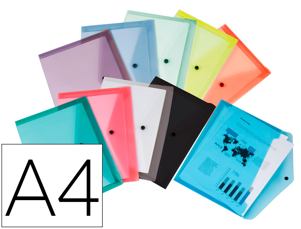 BOLSA PORTA DOCUMENTOS LIDERPAPEL COM MOLA DIN A4 TRANSPARENTE PACK DE 12 UNIDADES CORES SORTIDAS