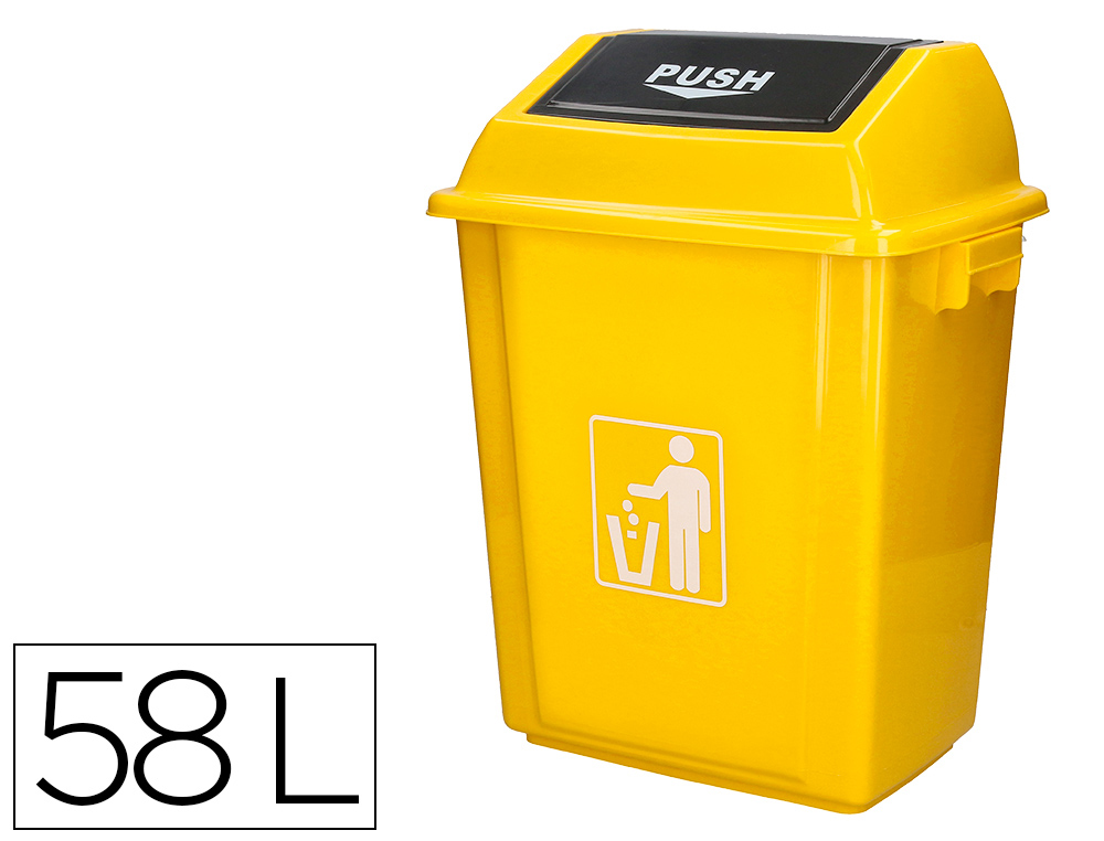 CONTENTOR DE LIXO Q-CONNECT PLASTICO COM TAMPA DE EMPURRAR 58 LITROS 470X330X760 MM AMARELO