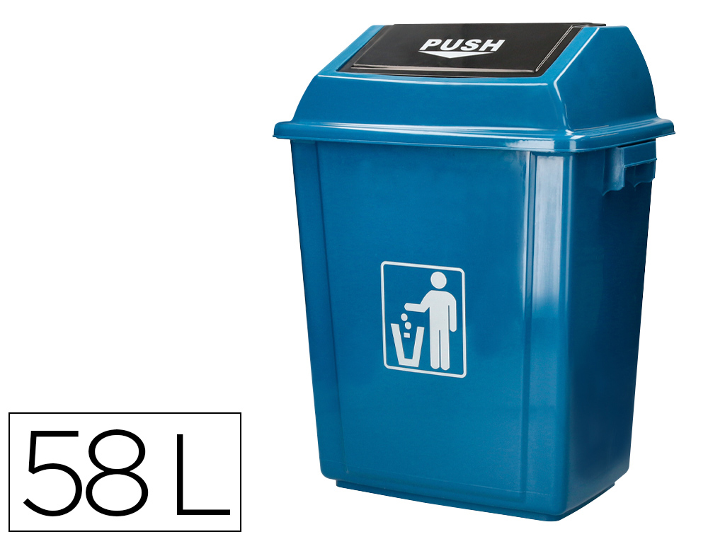 CONTENTOR DE LIXO Q-CONNECT PLASTICO COM TAMPA DE EMPURRAR 58 LITROS 470X330X760 MM AZUL