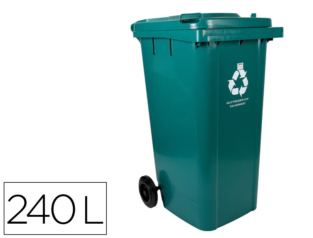CONTENTOR DE LIXO Q-CONNECT PLASTICO COM TAMPA E RODAS 240 LITROS 1040X620X610 MM VERDE