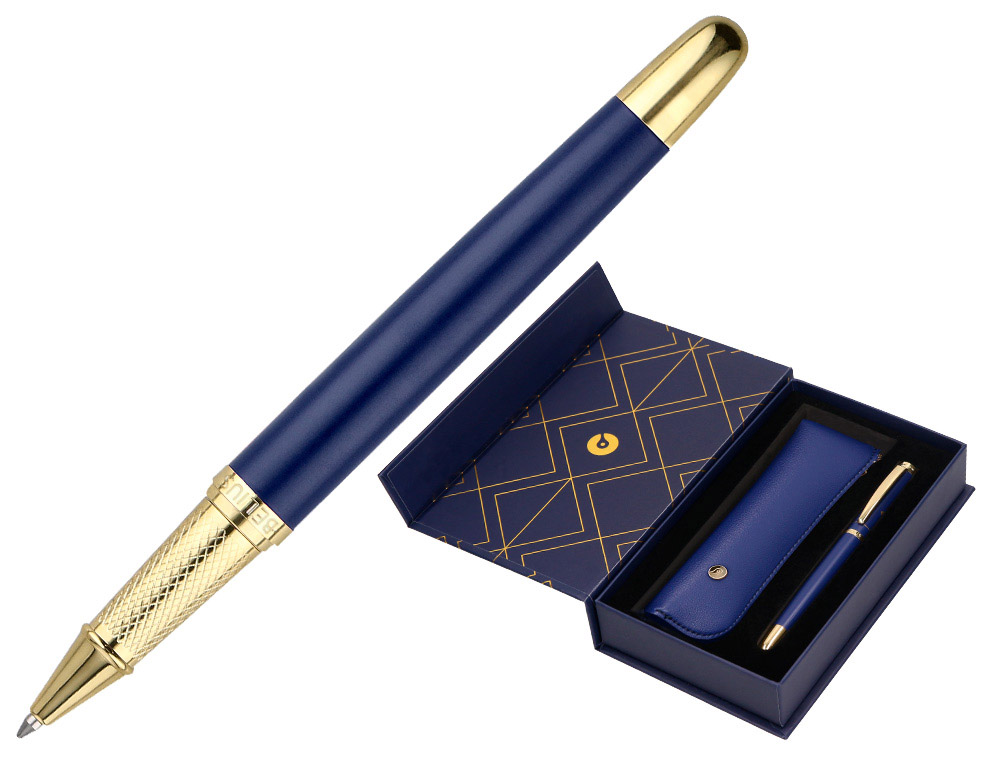 ESFEROGRAFICA E ESTOJO BELIUS SOIREE DESENHO ART DECO AZUL MARINHO E DOURADO TINTA AZUL CAIXA DESIGN