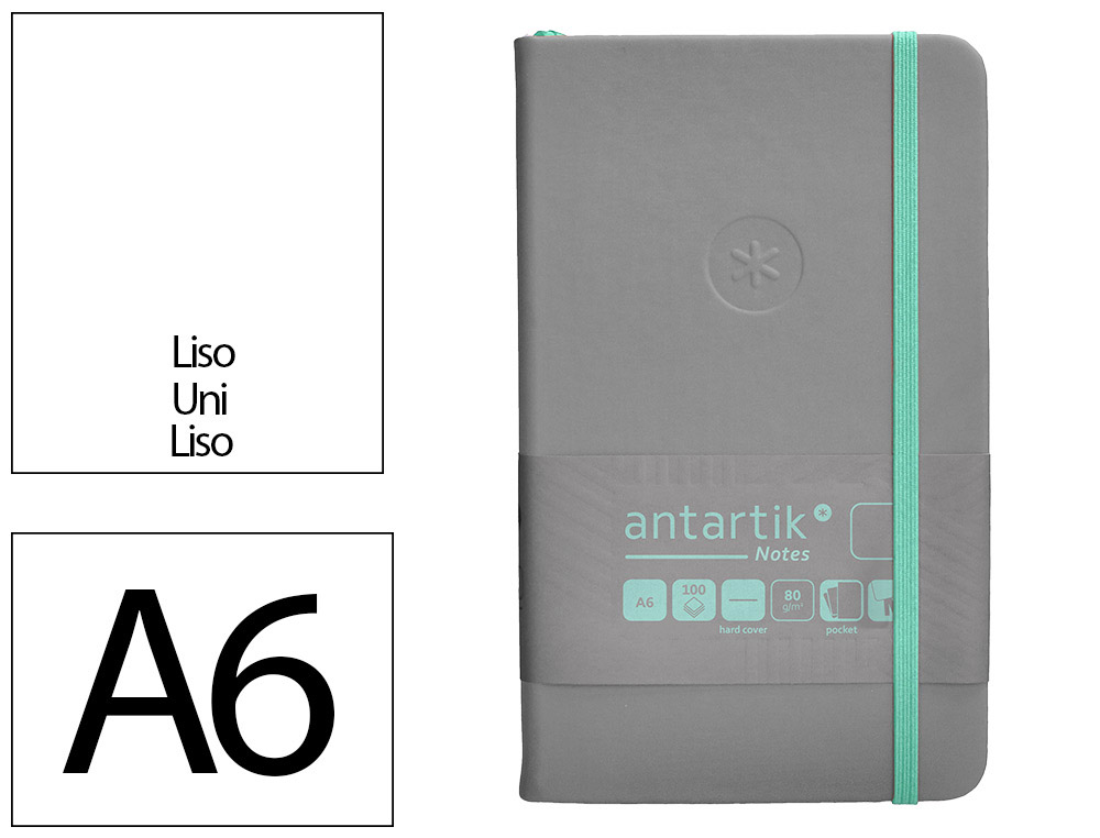 CADERNO COM ELASTICO ANTARTIK NOTES CAPA DURA A6 LISO CINZA E TURQUESA 100 FOLHAS 80 GR FSC