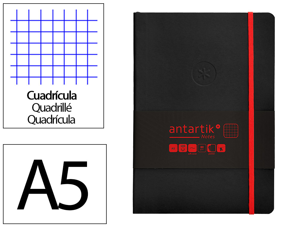 CADERNO COM ELASTICO ANTARTIK NOTES CAPA MOLE A5 QUADRICULADO PRETO E VERMELHO 80 FOLHAS 80 GR FSC