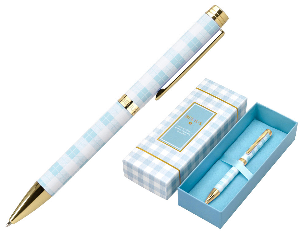 ESFEROGRAFICA BELIUS PICNIC ALUMINIO COR AZUL CELESTE DOURADO TINTA AZUL CAIXA DE DESIGN