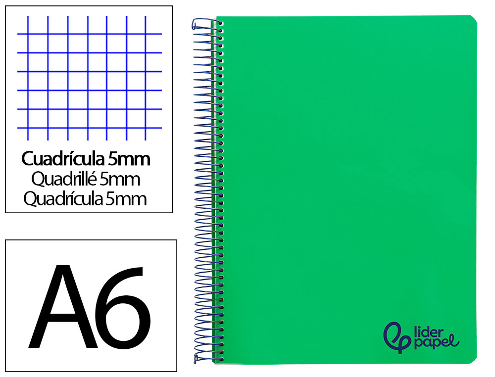 CADERNO ESPIRAL LIDERPAPEL WONDER MICRO DIN A6 CAPA PLASTICO 120F 90GR QUADRICULA 5MM 4 BANDAS COR VERDE