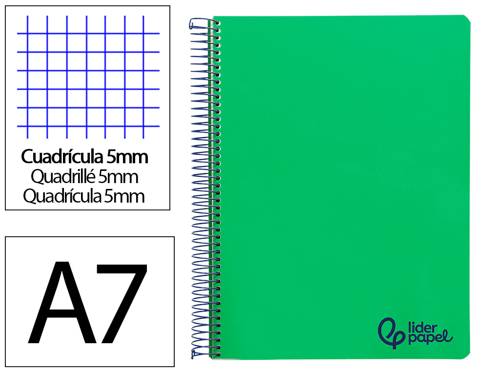 CADERNO ESPIRAL LIDERPAPEL WONDER MICRO DIN A7 CAPA PLASTICO 100F 90GR QUADRICULA 5MM 4 BANDAS COR VERDE