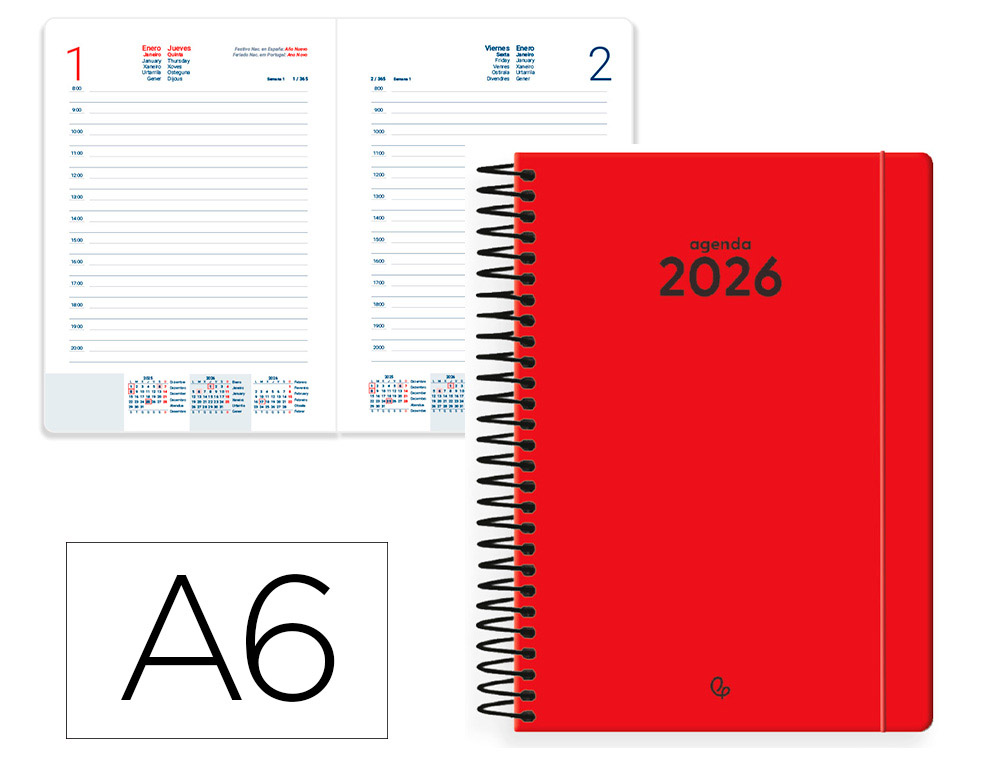 AGENDA ESPIRAL LIDERPAPEL CLASSIC A6 2026 DIA PAGINA VERMELHO PAPEL 70 GR FSC