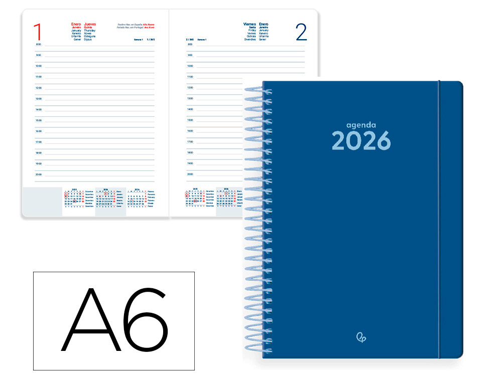 AGENDA ESPIRAL LIDERPAPEL CLASSIC A6 2026 DIA PAGINA AZUL ESCURO PAPEL 70 GR FSC