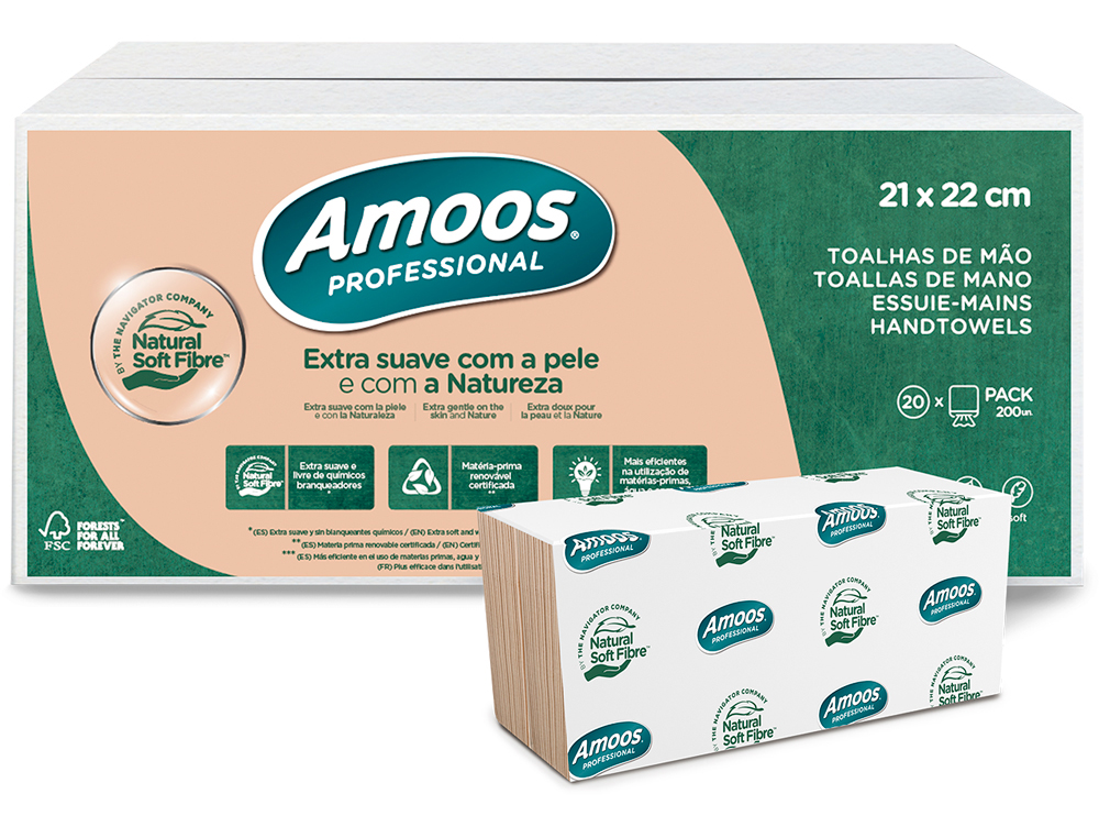 TOALLA SECAMANOS AMOOS PROFESSIONAL NATURALLY SOFT 2 CAPAS PASTA CRUDA 21X220 CM PAQUETE DE 200 UNIDADES