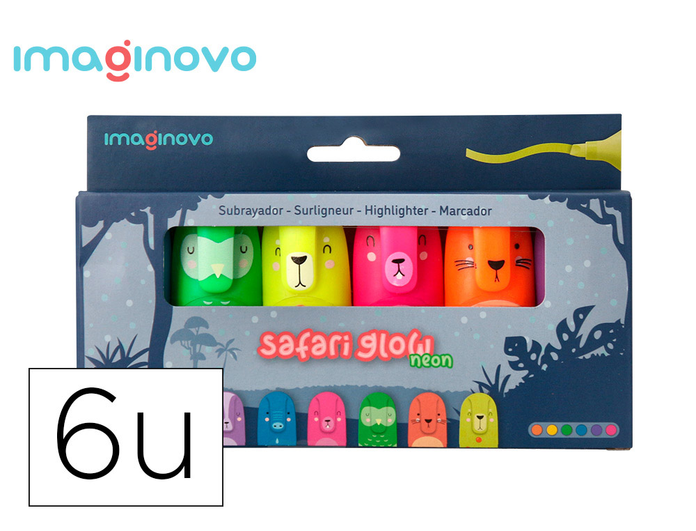 MARCADOR FLUORESCENTE IMAGINOVO SAFARI GLOW NEON ANIMAIS E CLIP CAIXA DE 6 UNIDADES SORTIDAS
