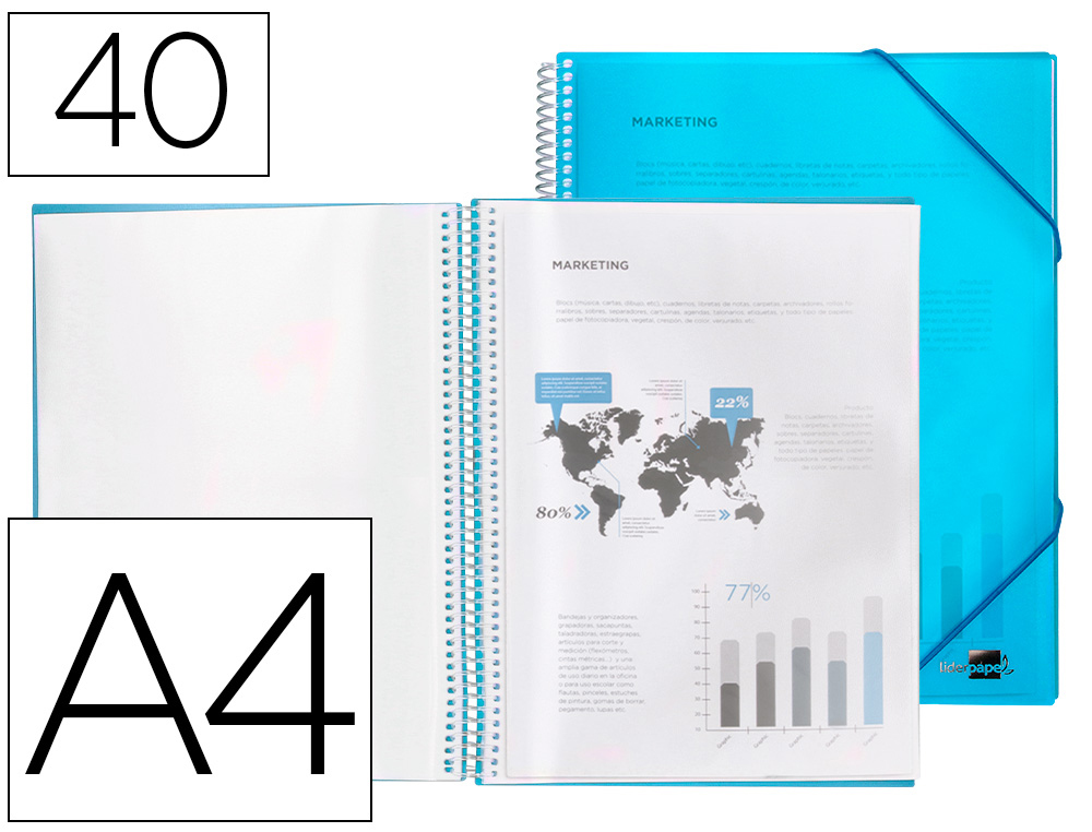 CAPA CATALOGO LIDERPAPEL COM ESPIRAL 40 BOLSAS POLIPROPILENO DIN A4 AZUL
