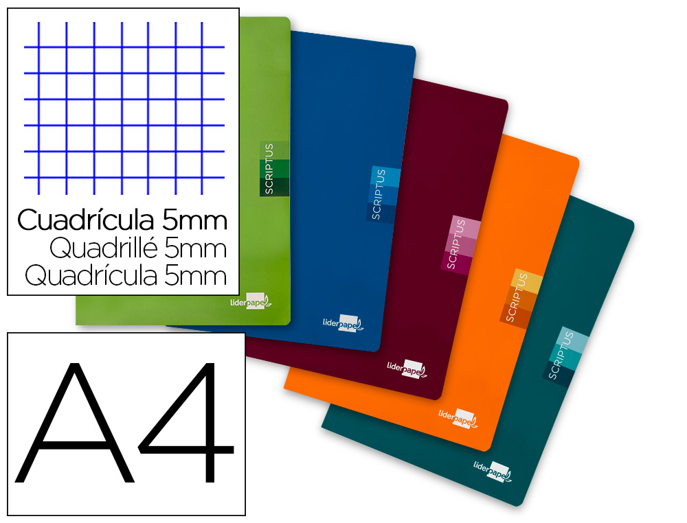 CADERNO AGRAFADO LIDERPAPEL SCRIPTUS DIN A4 48 F QUADRICULA 5MM 90 GR COM MARGEM CORES SORTIDOS