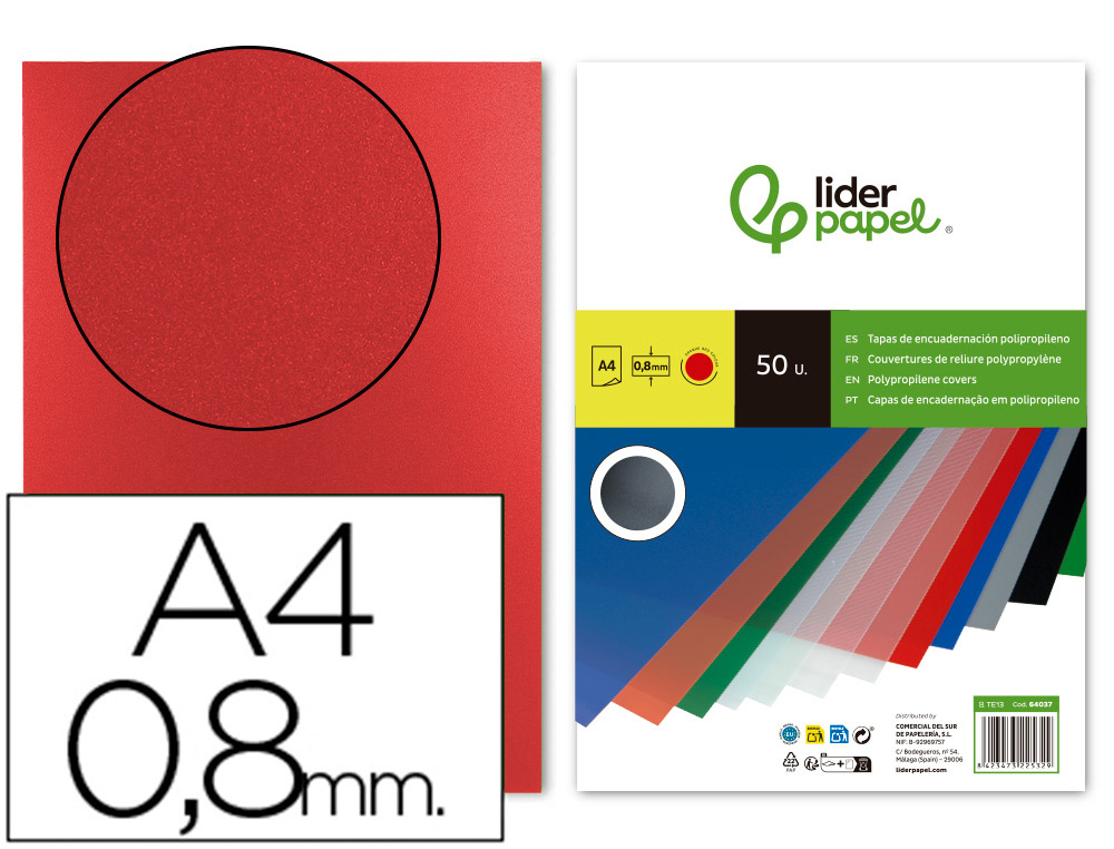 CAPA DE ENCADERNACAO LIDERPAPEL POLIPROPILENO DIN A4 0.8 MM VERMELHA PACK DE 50 UNIDADES