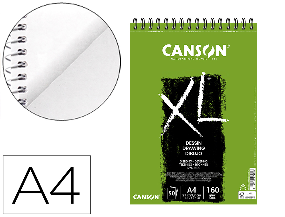 BLOCO DE DESENHO CANSON XL DESSIN DIN A4 LISO MICROPERFURADO ESPIRAL 21X29,7 CM 50 FOLHAS 160 GR