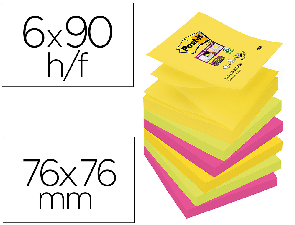 BLOCO DE NOTAS ADESIVAS POST-IT SUPER STICKY 76X76 MM COM 90 FOLHAS PACK DE 6 BLOCO CORES SORTIDAS COLECAO RIO DE JANEIR