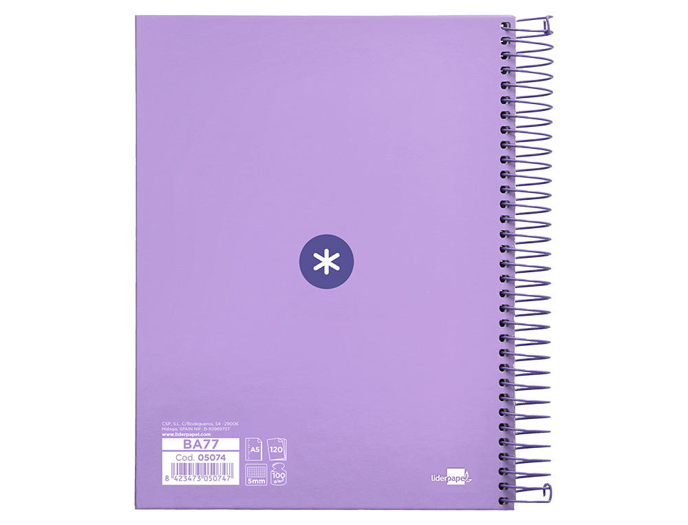 CADERNO ESPIRAL DIN A5 ANTARTIK CAPA FORRADA 120 F 100 GR QUADRICULA 5MM 5 BANDA 6 FUROS COR LAVANDA