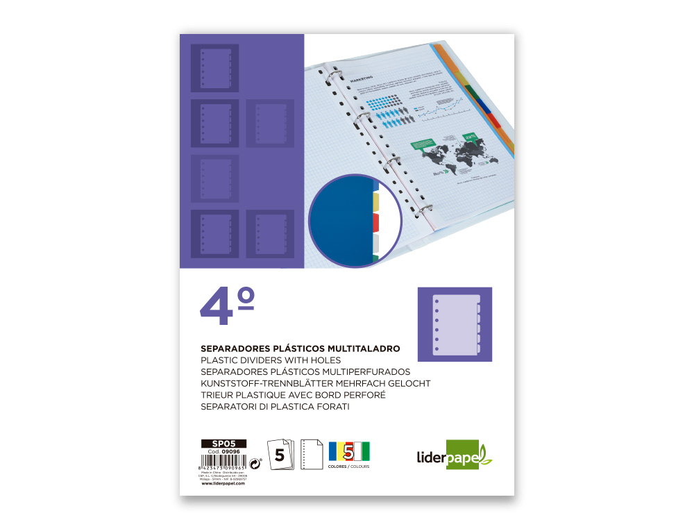 SEPARADORES DE PLASTICO LIDERPAPEL, QUARTO NATURAL, 5 SEPARADORES