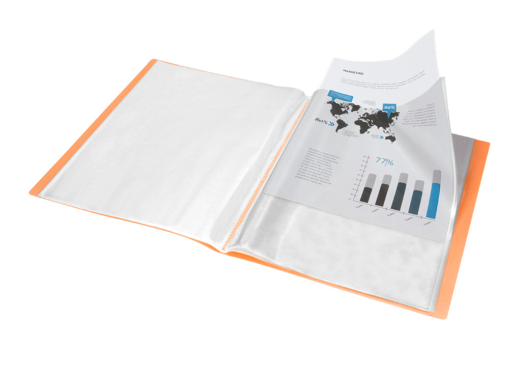 CAPA CATALOGO LIDERPAPEL 20 BOLSAS POLIPROPILENO DIN A4 LARANJA FLUOR OPACO