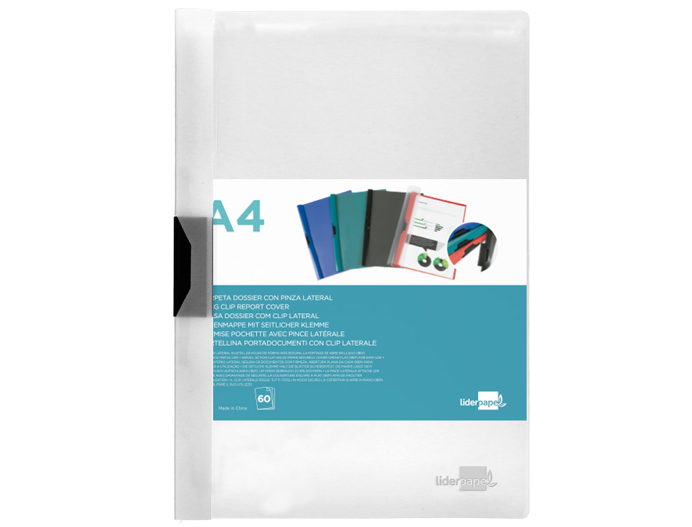 BOLSA DOSSIER LIDERPAPEL COM CLIP LATERAL DIN A4 TRANSPARENTE 60 FOLHAS