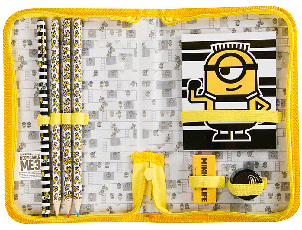 ESTOJO MINIONS COM CADERNO BORRACHA APARA LAPIS E LAPIS DE CORES