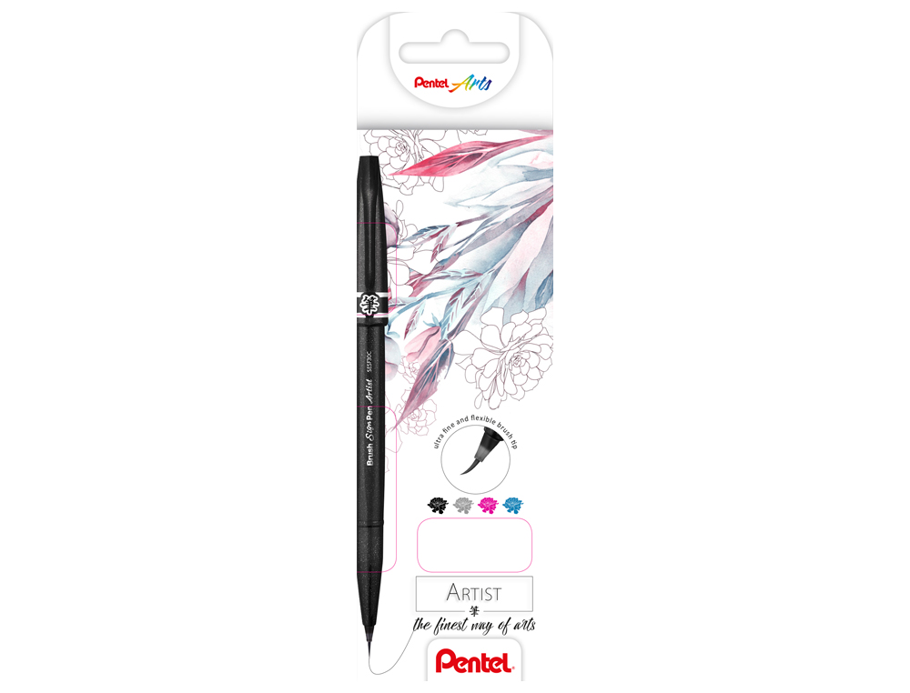 CANETA PINCEL PENTEL ARTIST EM BLISTER DE 4 CORES PRETO CINZA, AZUL CEU E ROSA
