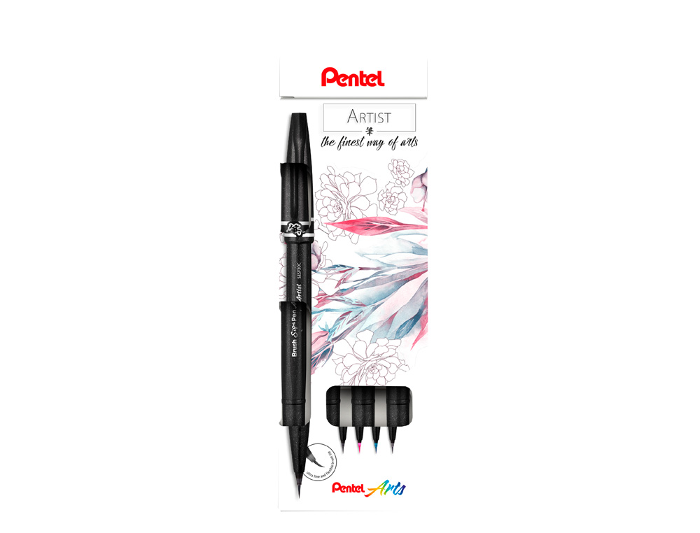CANETA PINCEL PENTEL ARTIST EM BLISTER DE 4 CORES PRETO CINZA, AZUL CEU E ROSA