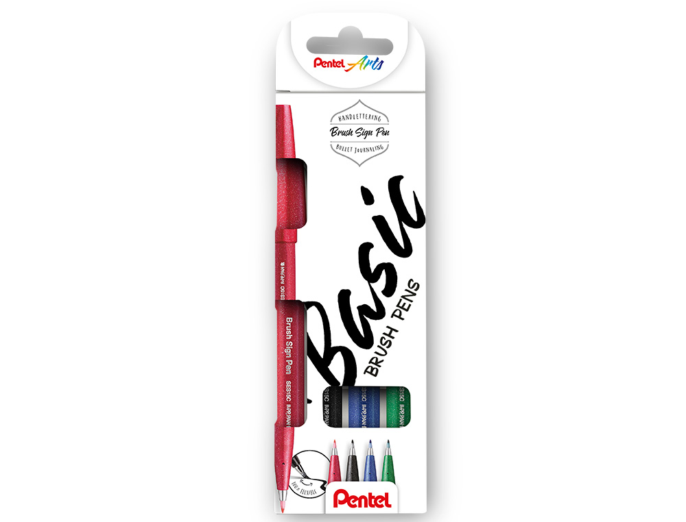 CANETA PINCEL PENTEL TOUCH EM BLISTER DE 4 CORES PRETO VERMELHO AZUL E VERDE