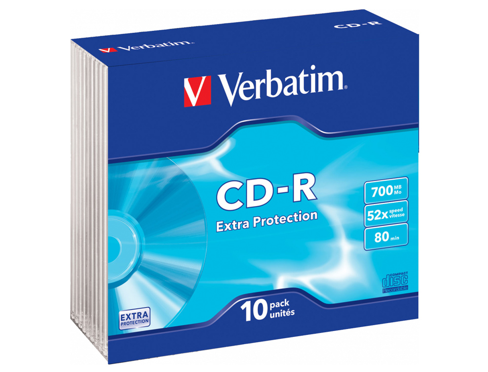 CD-R VERBATIM EXTRA PROTECAO CAPACIDADE 700MB VELOCIDADE 52X 80 MIN CAIXA DE 10 UNIDADES