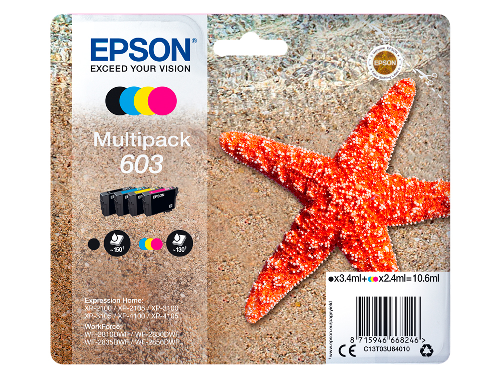 TINTEIRO EPSON 603 XP-2100 / 2105 / 3100 / 4100 / WF-2810 / 2830 / 2835 / 2850 MULTIPACK 4 CORES PRETO