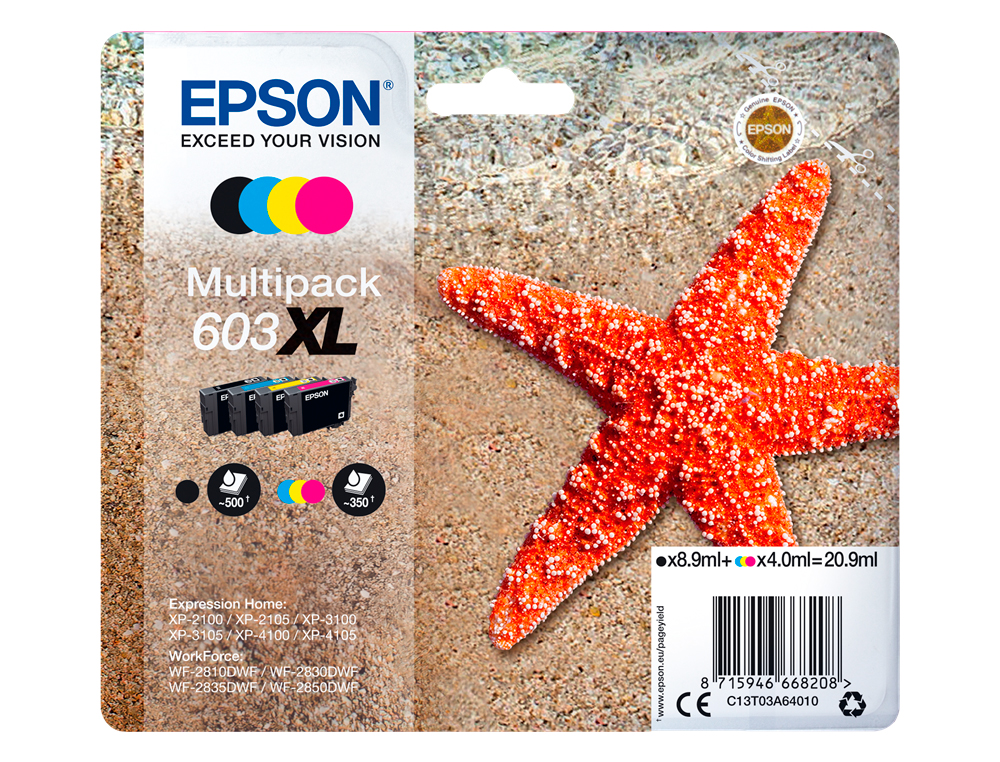 TINTEIRO EPSON 603XL XP-2100 / 2105 / 3100 / 4100 / WF-2810 / 2830 / 2835 / 2850 MULTIPACK 4 CORES PRETO