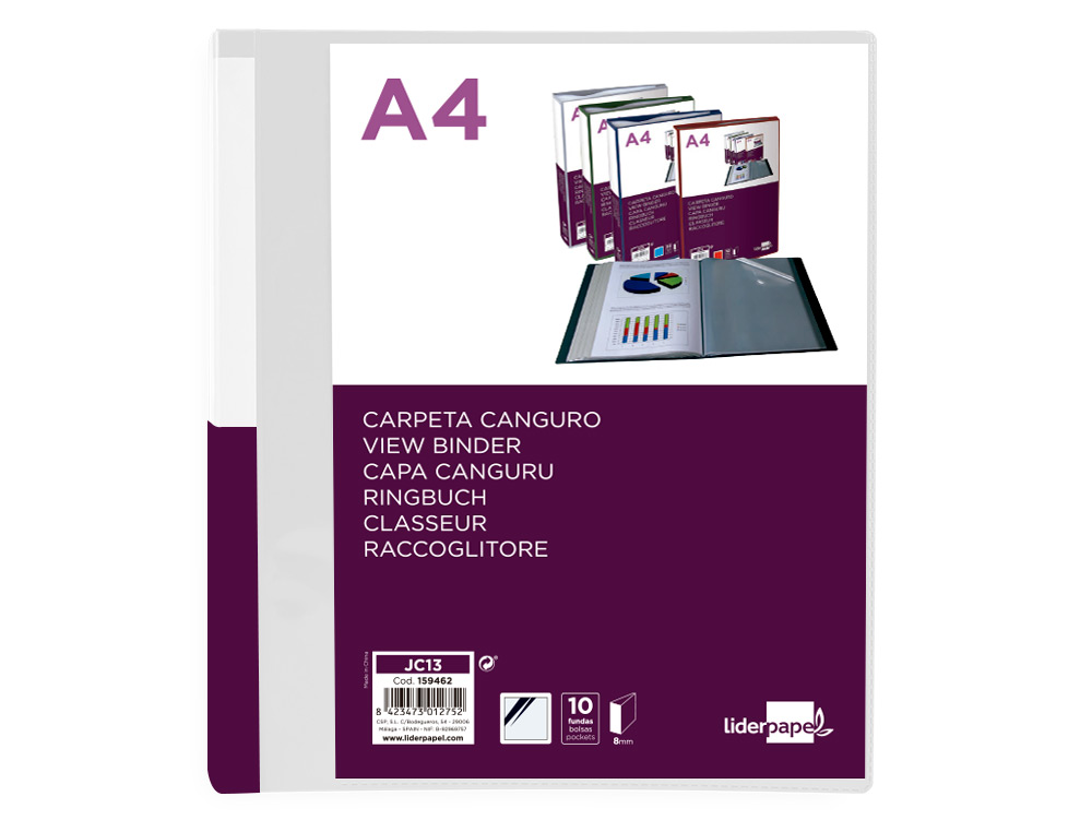 PASTA CANGURU LIDERPAPEL 10 BOLSAS POLIPROPILENO DIN A4 TRANSPARENTE CAPA E LOMBADA PERSONALIZAVEL