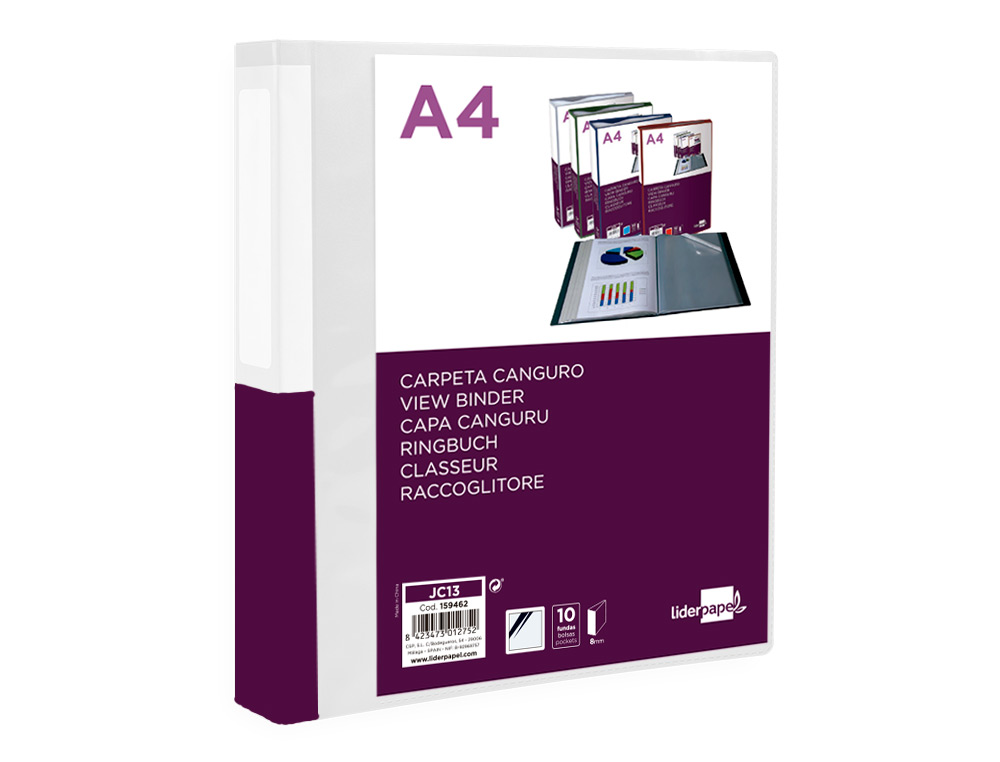 PASTA CANGURU LIDERPAPEL 10 BOLSAS POLIPROPILENO DIN A4 TRANSPARENTE CAPA E LOMBADA PERSONALIZAVEL