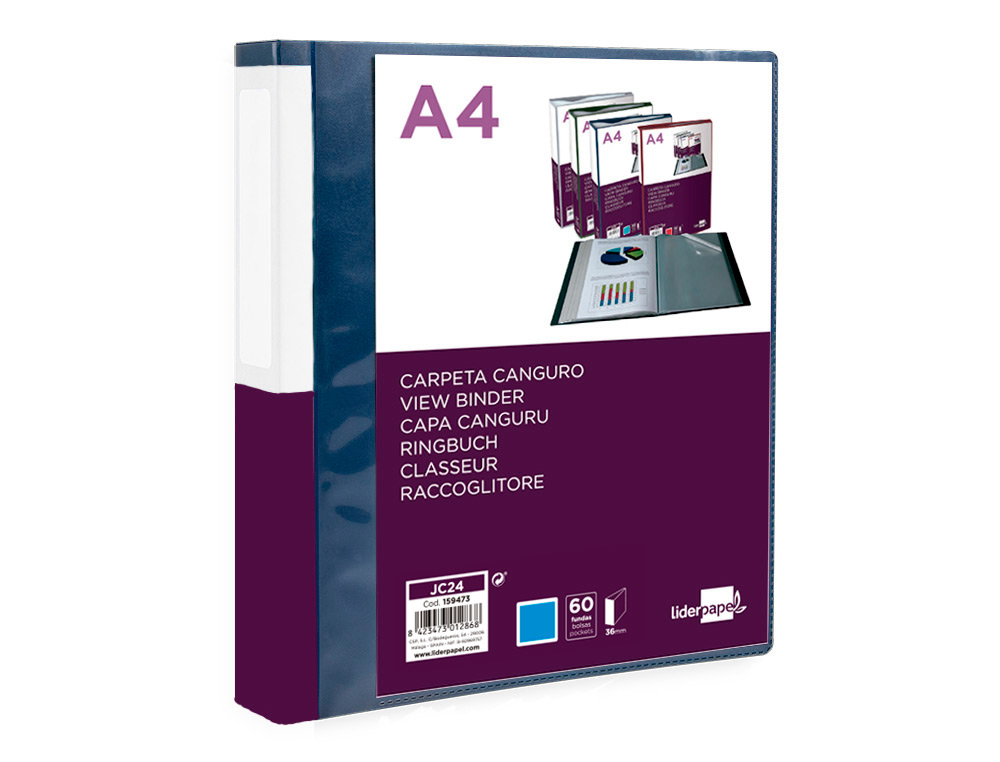PASTA CANGURU LIDERPAPEL 60 BOLSAS POLIPROPILENO DIN A4 AZUL TRANSLUCIDO CAPA E LOMBADA PERSONALIZAVEL