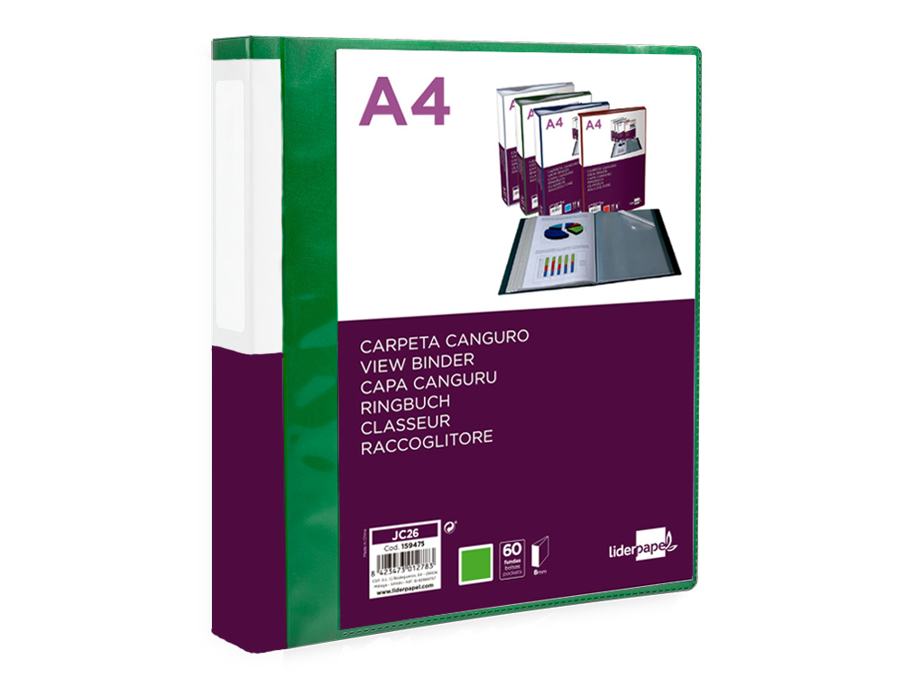 PASTA CANGURU LIDERPAPEL 60 BOLSAS POLIPROPILENO DIN A4 VERDE TRANSLUCIDO CAPA E LOMBADA PERSONALIZAVEL