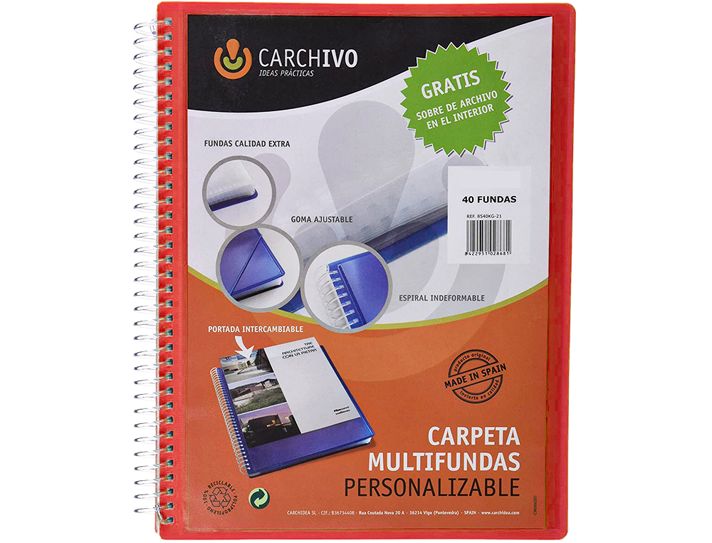CAPA CATALOGO CARCHIVO ARCHIVEX POLIPROPILENO CANGURO COM ESPIRAL 40 BOLSAS FECHO ELASTICOS DIN A4 VERMELHO