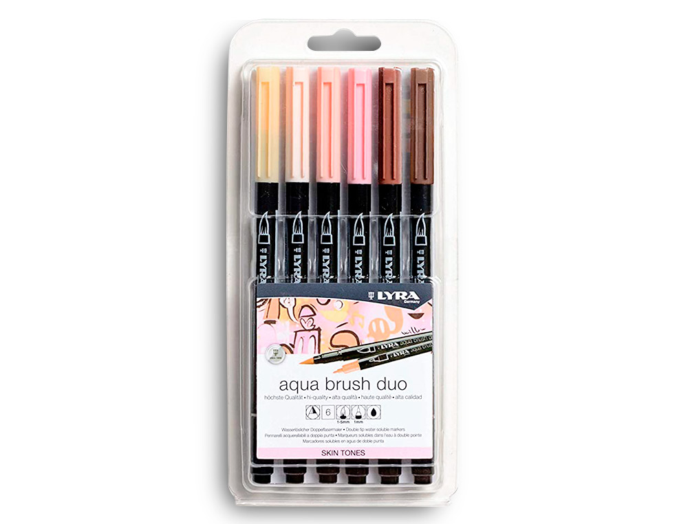MARCADOR LYRA AQUA BRUSH AGUARELAVEL DUPLA PONTA E PINCEL TONS PELE BLISTER DE 6 UNIDADES SORTIDAS