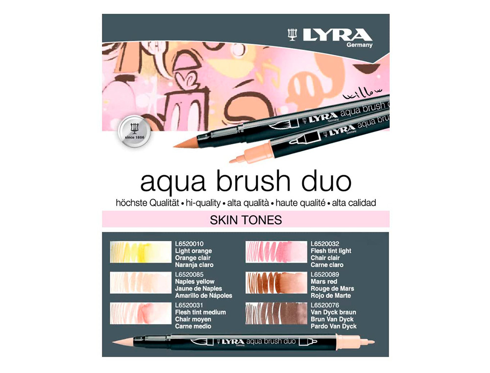 MARCADOR LYRA AQUA BRUSH AGUARELAVEL DUPLA PONTA E PINCEL TONS PELE BLISTER DE 6 UNIDADES SORTIDAS