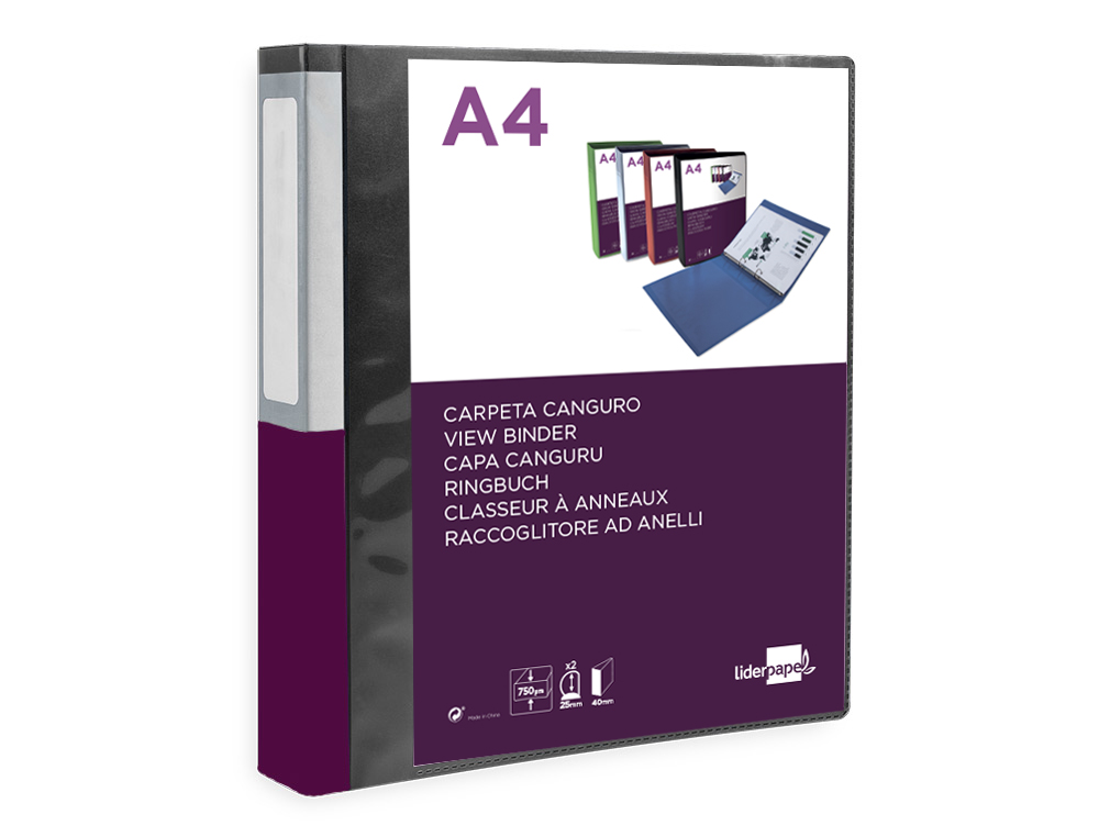 PASTA CANGURU LIDERPAPEL POLIPROPILENO DIN A4 2 ANEIS 25 MM MISTOS PRETO OPACO