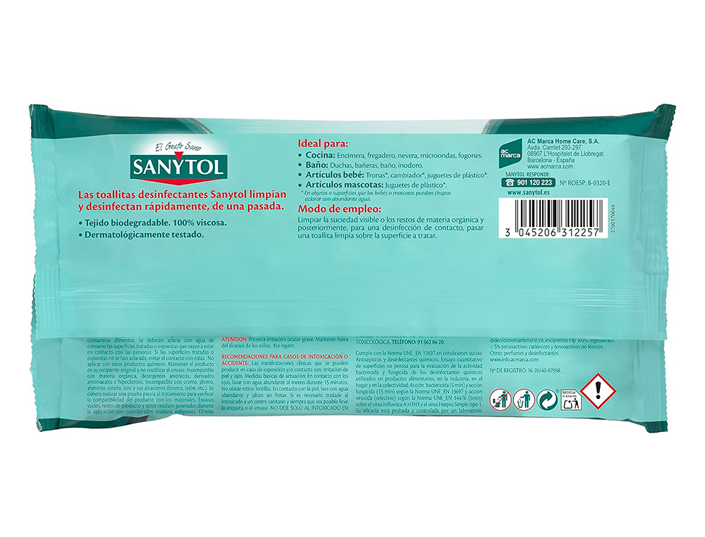 TOALHITA DESINFETANTE SANYTOL BIODEGRADAVEL PACOTE DE 30 UNIDADES